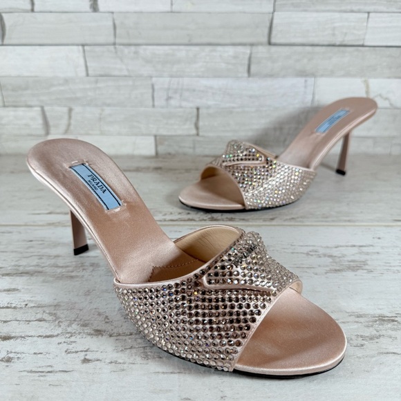 PRADA Modellerie 75MM Crystal Embellished Satin Mules Heels Sandals SZ 38 Blush - Picture 2 of 16